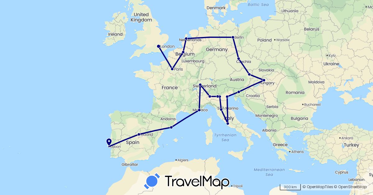TravelMap itinerary: driving in Austria, Belgium, Switzerland, Czech Republic, Germany, Spain, France, United Kingdom, Hungary, Italy, Netherlands, Portugal, Slovenia, Vatican City (Europe)