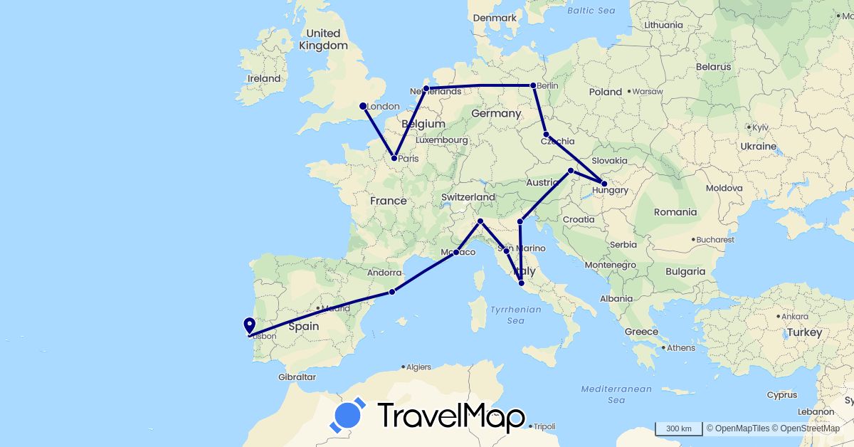 TravelMap itinerary: driving in Austria, Czech Republic, Germany, Spain, France, United Kingdom, Hungary, Italy, Netherlands, Portugal, Vatican City (Europe)