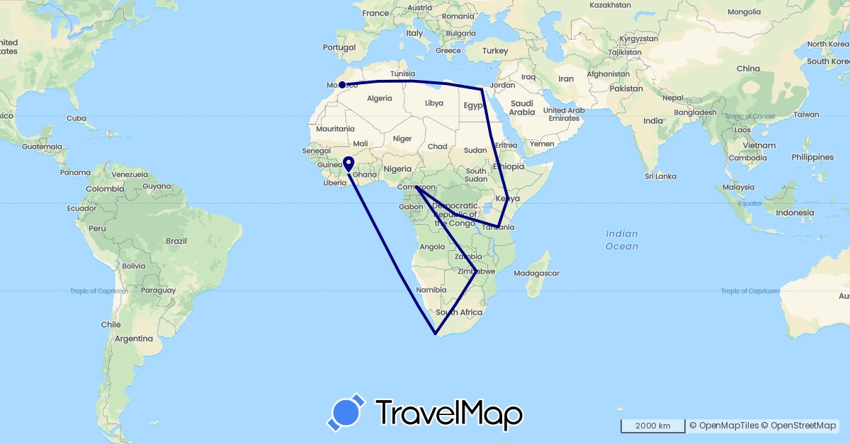 TravelMap itinerary: driving in Democratic Republic of the Congo, Cameroon, Egypt, Kenya, Morocco, Sudan, Tanzania, South Africa, Zimbabwe (Africa)