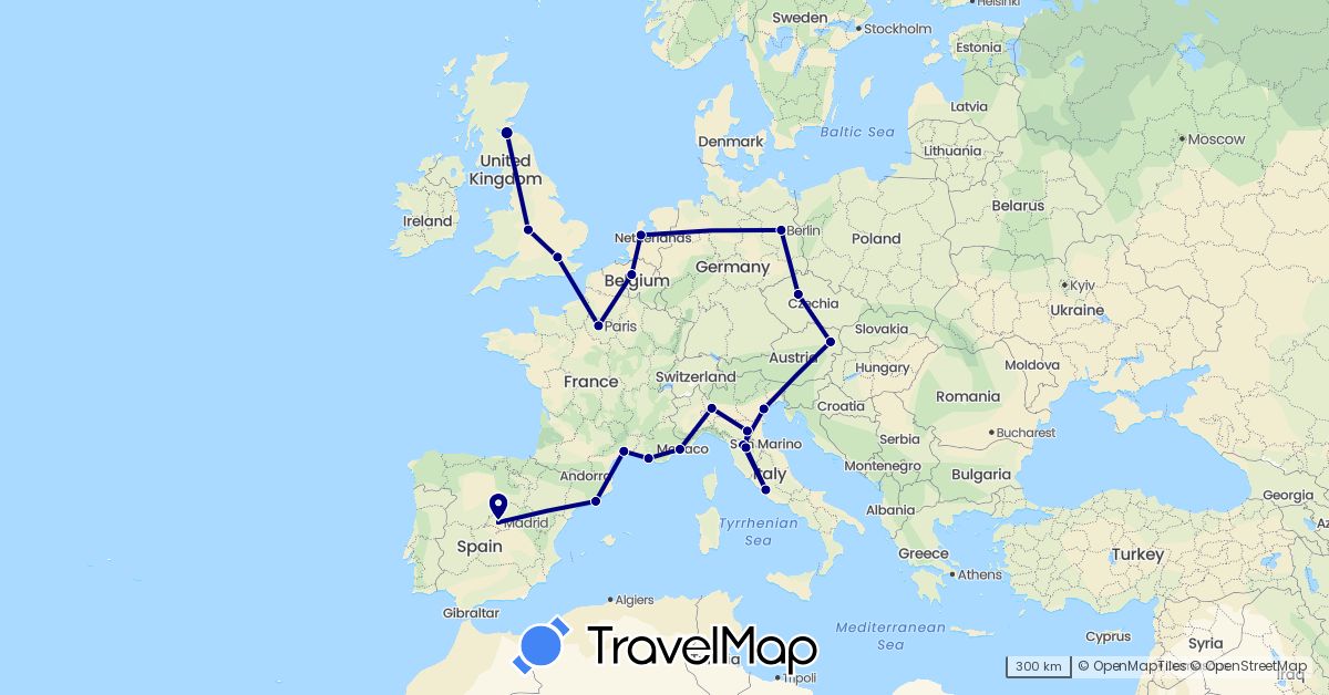 TravelMap itinerary: driving in Austria, Belgium, Czech Republic, Germany, Spain, France, United Kingdom, Italy, Netherlands, Vatican City (Europe)