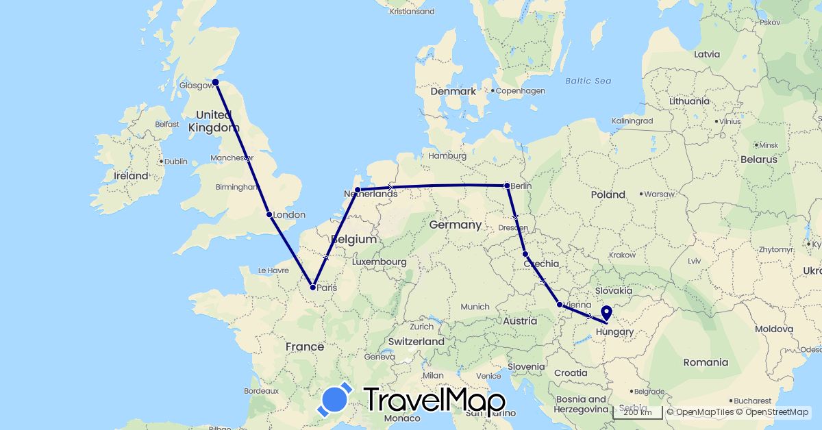 TravelMap itinerary: driving in Austria, Czech Republic, Germany, France, United Kingdom, Hungary, Netherlands (Europe)