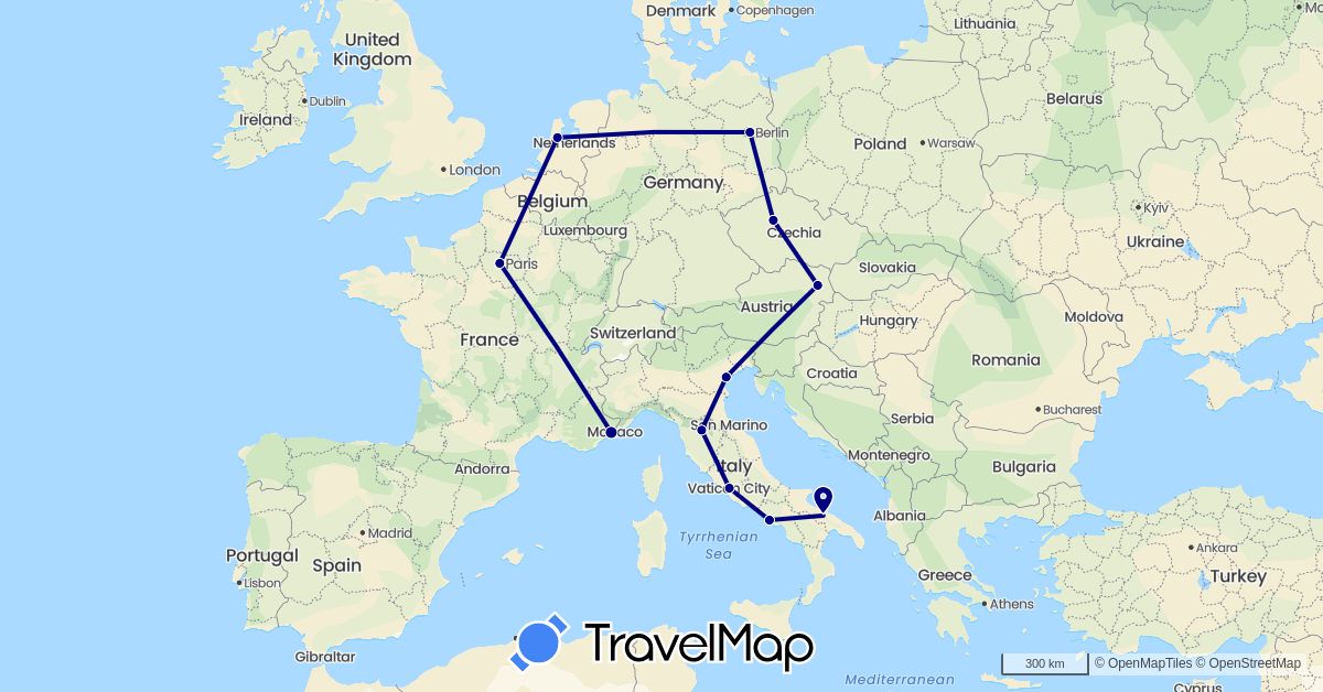 TravelMap itinerary: driving in Austria, Czech Republic, Germany, France, Italy, Netherlands (Europe)